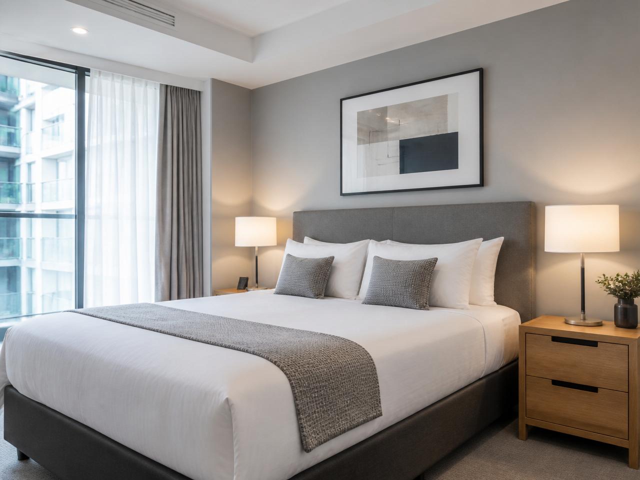 Serviced apartment bedroom presented with fresh linen and neutral styling
